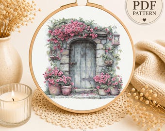 Pink Cottage Garden Door Cross Stitch Pattern, Rustic Stone, Floral Farmhouse Decor (PDF Download)