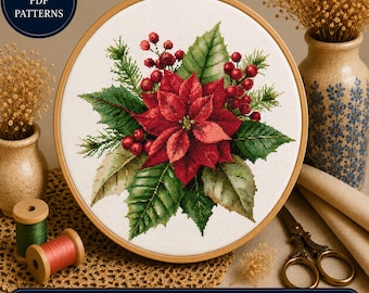 Christmas Poinsettia Cross Stitch Pattern, Red Floral Embroidery Design (PDF SVG Download)