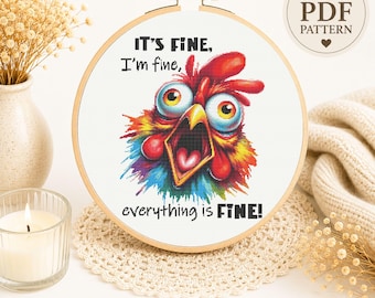 Patrón de punto de cruz de un pollo divertido / Frase "Está bien" (Descarga digital)