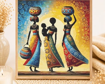 African Women Cross Stitch Pattern PDF, Afrocentric Boho Embroidery, Cultural Wall Art Instant Download