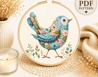 Floral Blue Bird Cross Stitch Pattern, Pastel Cottagecore Embroidery (PDF Download)