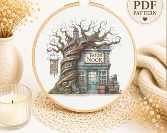 Fantasy Book Nook Cross Stitch Pattern, Tree Bookshop Embroidery, Cottagecore Library Decor (PDF Download)