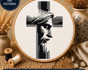 Modern Jesus Cross Stitch Pattern, Black White Christian Embroidery Design (PDF SVG)