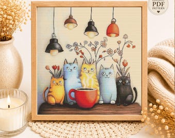 Cats Coffee Cross Stitch Pattern, Whimsical Feline Embroidery, Cozy Kitchen Decor (PDF Download)