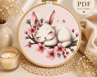Sleeping Bunny Cross Stitch Pattern, Kawaii Cherry Blossom Embroidery Design (PDF)