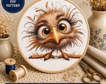 Funny Fluffy Bird Cross Stitch Pattern | Cartoon Animal Embroidery (PDF)