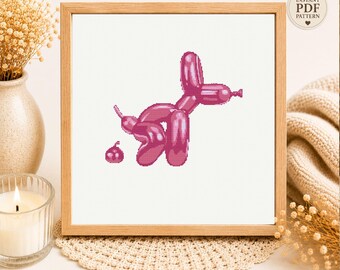 Pink Balloon Dog Cross Stitch Pattern, Modern Pop Art Embroidery (PDF Download)