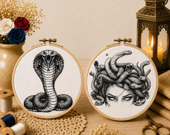 Medusa-Snake Cross-Stitch Pattern-Bundle, Gothic Cobra-Embroidery Design