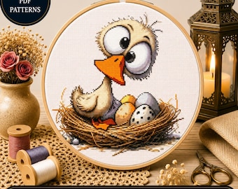 Funny Goose Cross Stitch Pattern, Bird Nest Embroidery Design (Digital Download)