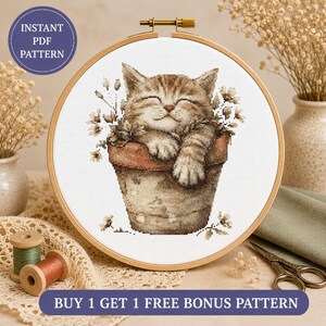 Sleeping Kitten Cross Stitch Pattern, Flower Pot Cat Embroidery Design (Digital Download)