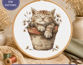 Sleeping Kitten Cross Stitch Pattern, Flower Pot Cat Embroidery Design (Digital Download)