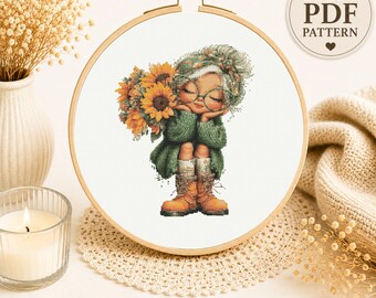 Sunflower Girl Cross Stitch Pattern, Cottagecore Autumn Embroidery (PDF Download)