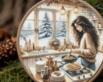 Cozy Kitchen Cross Stitch Pattern, Girl Cooking Waffles (PDF Download)
