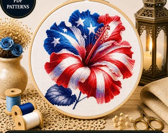 Patriotic Hibiscus Cross Stitch Pattern, American Flag Floral Design (PDF)