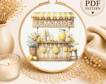 Lemonade Stand Cross Stitch Pattern, Summer Farmhouse Kitchen Decor (PDF Download)