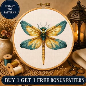 Motif de point de croix libellule réaliste, motif de broderie insecte nature (téléchargement numérique)
