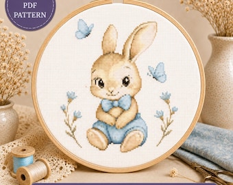 Baby Bunny Cross Stitch Pattern, Woodland Easter Nursery Decor (PDF SVG)