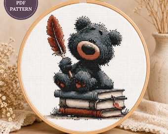 Teddy Bear Reading Cross Stitch Pattern, Book Lover Embroidery Design (PDF SVG)