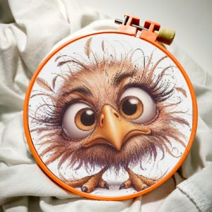 May include: A cross-stitch embroidery hoop featuring a cartoon owl with large, expressive eyes and detailed feathering in shades of brown and tan. The hoop is orange, and the background is a white fabric.