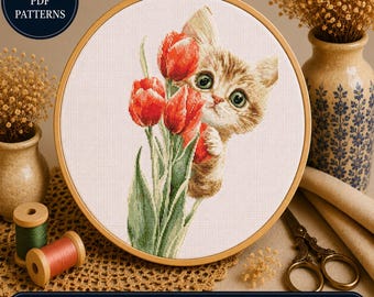 Kitten Tulip Cross Stitch Pattern, Floral Cat Embroidery Design (PDF SVG)
