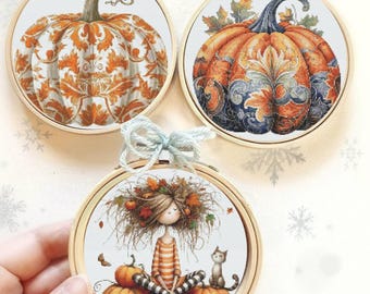 Fall Pumpkin Cross Stitch Pattern Set, Autumn Girl and Cat Embroidery (PDF)
