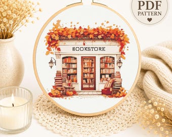Cozy Bookstore Cross Stitch Pattern PDF, Autumn Bookshop Embroidery, Library Decor Instant Download