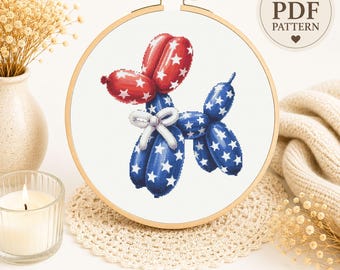 Patriotic Balloon Dog Cross Stitch Pattern, USA Flag Pop Art Embroidery (PDF Download)
