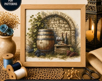 Rustic Wine Cellar Cross Stitch Pattern, Vintage Vineyard Embroidery Design