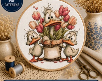 Duck and Tulips Cross Stitch Pattern: Kawaii Floral Spring Embroidery Design (Instant Download)