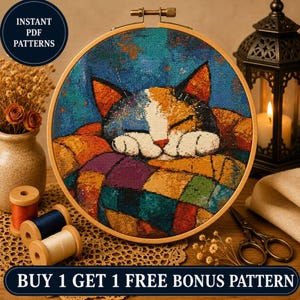 Schlafende Katze Kreuzstich Muster, gemütliches Kätzchen Stickerei, Patchwork Decke Nadelspitze (Digitaler Download)