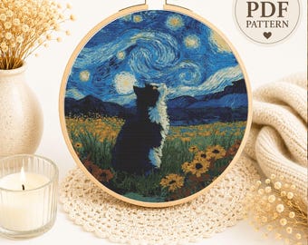 Black Cat Starry Night Cross Stitch Pattern, Van Gogh Inspired Embroidery (PDF Download)