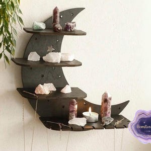Estante de cristal de media luna negra / Estante de pared de madera con forma de luna / Decoración bohemia de brujas / Exhibición de cristal espiritual / Estante de pared con forma de luna