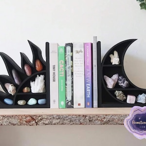 Sujetalibros de cristal bohemio / Juego de estantes de madera con diseño de sol y luna para cristales, decoración de libros / Exhibición de altar espiritual para el hogar, organizador de piedras preciosas, regalo