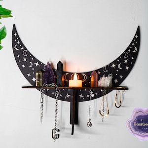 Estante de cristal bohemio con fases lunares: expositor de madera negra para velas, cristales, aceites esenciales y joyas. Decoración para salas de meditación y yoga.