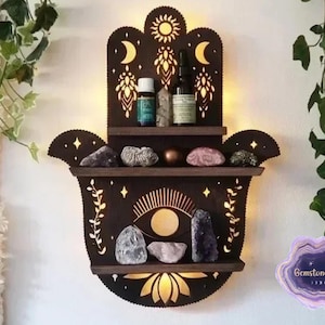Boho Wooden Crystal Shelf – Hamsa Hand or Triangle Moon Phase Shelf | Spiritual Wall Decor for Crystals, Oils & Witchy Altar Display
