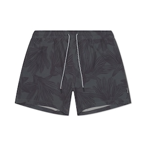 Puede incluir: Bañador verde oscuro con estampado de hojas de palma negras.