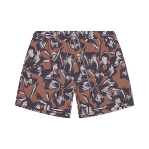 Puede incluir: Bañador marrón con estampado floral en blanco y negro.