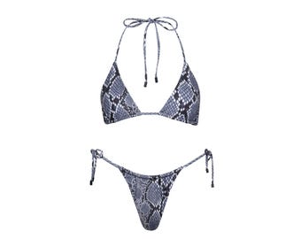 Snake Print Triangle String Bikini Set - Thong Bikini Two-Piece Swimsuit