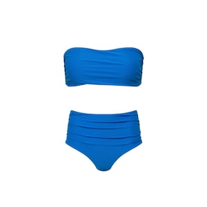 Blue Ruched High Waist Bandeau Bikini Set - Full Coverage Two-Piece Swimsuit