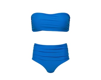 Blue Ruched High Waist Bandeau Bikini Set - Full Coverage Two-Piece Swimsuit