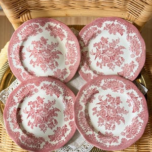 Puede incluir: Un juego de cuatro platos redondos de cerámica con un patrón de transferencia en rojo y blanco. Cada plato muestra un ramo floral central rodeado de aves y un borde decorativo con detalles botánicos y de celosía intrincados.