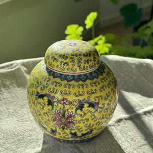 Vintage Chinese Yellow Ginger Jar Floral Porcelain Lidded Tea Jar Hand Painted Ceramic Decor