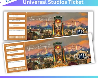 Entrada sorpresa para Universal Studios, entrada para Epic Universe, entrada sorpresa editable, entrada para parques temáticos, entrada imprimible para Universal.