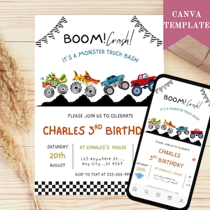Monster Truck Birthday Invitation, Editable Canva Template, Boys 3rd Birthday Invite, Monster Jam Party,  Trucks Theme