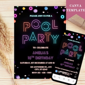Neon Pool Party Birthday Invitation, Girls Pink Blue Summer Invite, Glow Pool Party Canva Swim Party E-vite, Birthday Invitation E-vite