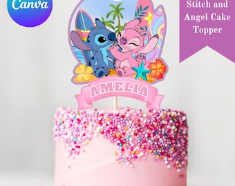 Stitch and Angel-verjaardagstaarttopper: bewerkbaar feeststuk (afdrukbaar)