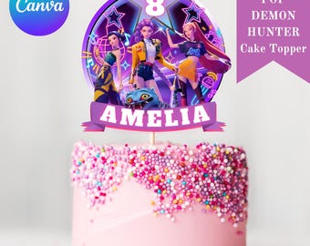 Editable Kpop Demon Hunters Cake Topper, Huntrix Party (Canva Template)