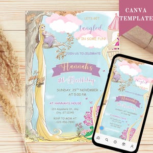 Editable Template Rapunzel Birthday Invitation, Princess Birthday Invitation, Princess Digital Invitation, Birthday Invitation Digital