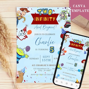 Deux à l'infini et au-delà, faire-part d'anniversaire numérique, invitations d'anniversaire pour enfants, e-invitation, invitation numérique, carte d'invitation, anniversaire de garçon