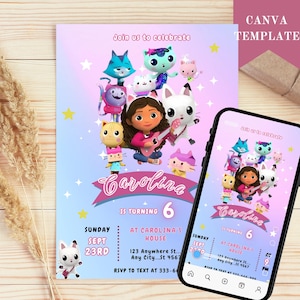 Modelo de convite de aniversário editável da Gabbys Dollhouse, convites para festa de aniversário para imprimir, convite digital para festa de aniversário, cartão de convite de aniversário